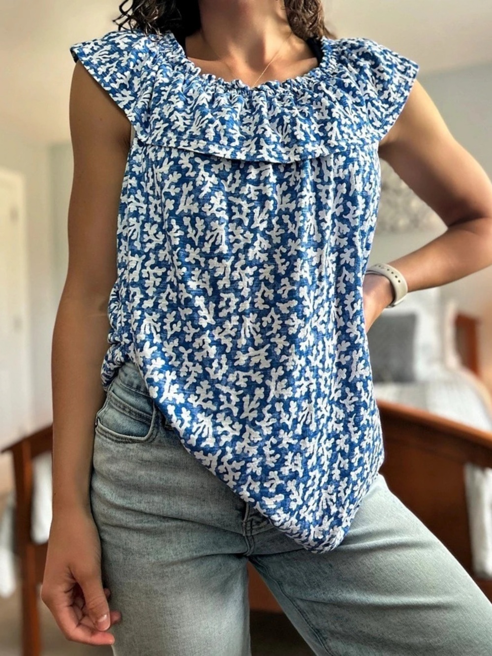J.Crew Floral Ruffle Blouse in Blue & White
